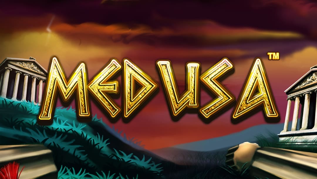 The Medusa title screen with gold letters in a Greek-style font. Broken pillars and ancient temples surround the logo, with a dark and stormy sky above the grass hills in the background.