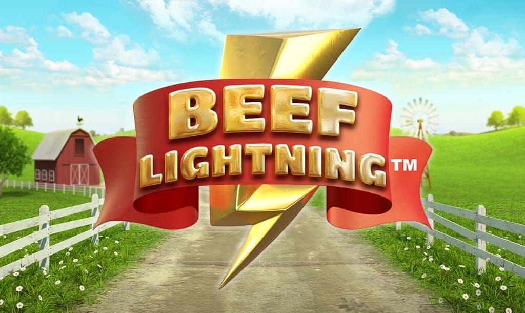 Game title screen featuring the game logo with gold bold text on a red banner. The logo is placed against the game’s background screen, featuring a gravel farm road leading through green pastures with a barn and a windmill in the distance.