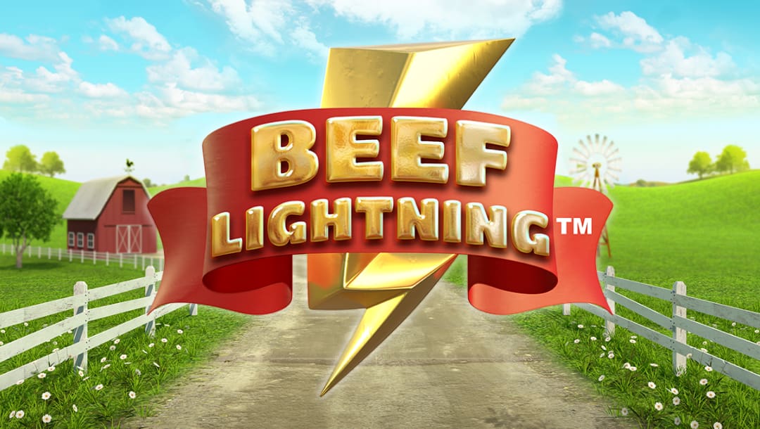 Game title screen featuring the game logo with gold bold text on a red banner. The logo is placed against the game’s background screen, featuring a gravel farm road leading through green pastures with a barn and a windmill in the distance.