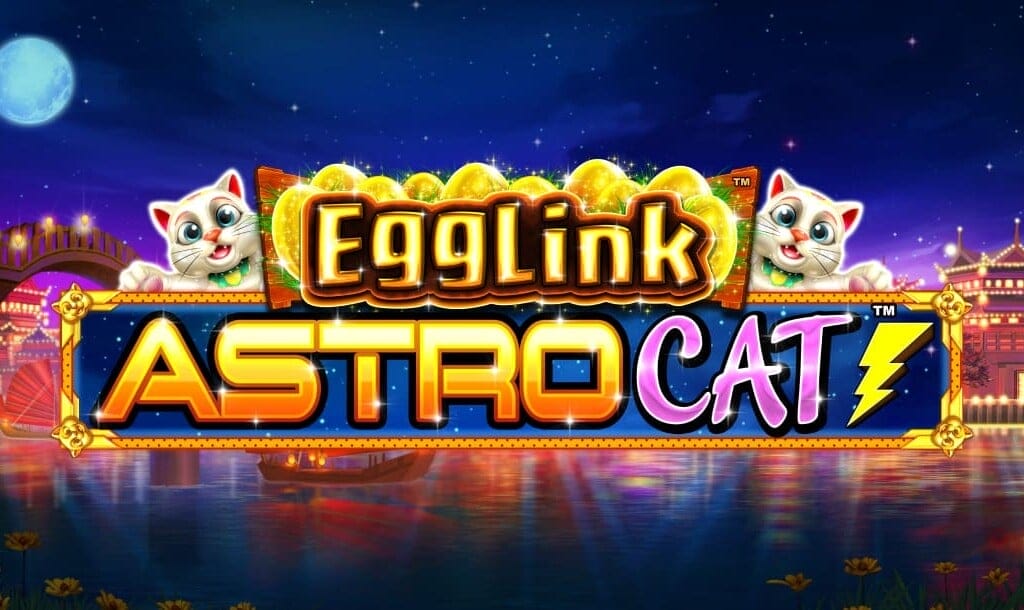 Banner image with the game title “EggLink Astro Cat” in gold and neon letters. On either side is a cartoon-style white cat. In the background, there is an Asian city on a canal.