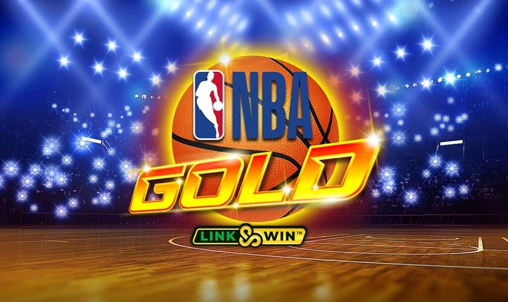 The NBA Gold banner. The background is a low-angle shot of a basketball court with lights above and flashing in the stadium stands. In the foreground is the game logo. It features the official NBA logo against a glowing basketball with the word Gold in orange and yellow. The Link & Win logo is below the basketball.