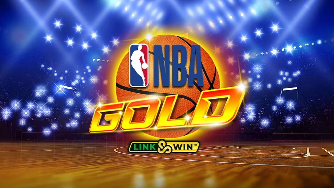 The NBA Gold banner. The background is a low-angle shot of a basketball court with lights above and flashing in the stadium stands. In the foreground is the game logo. It features the official NBA logo against a glowing basketball with the word Gold in orange and yellow. The Link & Win logo is below the basketball.