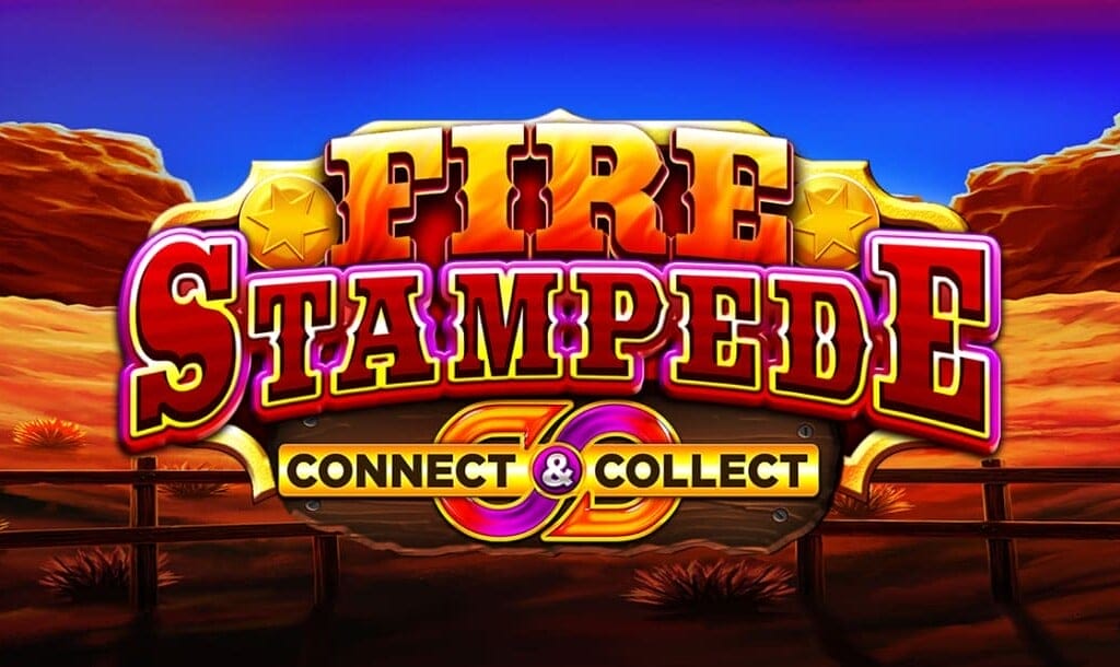 Bright and colorful title screen for the slot game "Fire Stampede: Connect & Collect," featuring bold red and gold lettering with a desert canyon background.