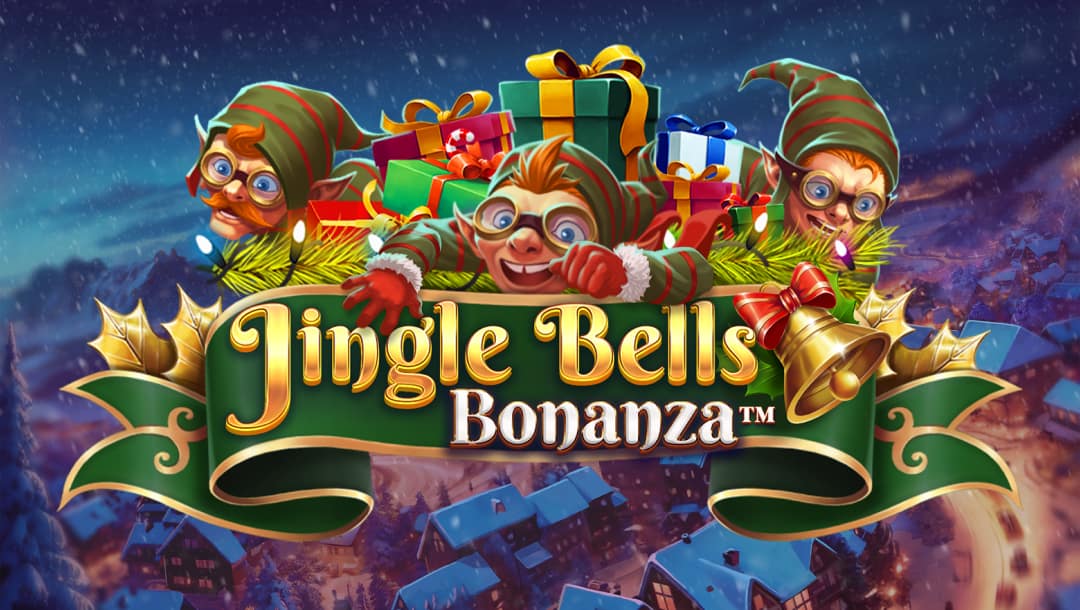 Festive title screen for the slot game "Jingle Bells Bonanza." Three cheerful Christmas elves wearing green and red outfits peek over a green ribbon banner decorated with golden bells, holly, and wrapped presents. A snowy village at night with glowing rooftops and falling snow forms the background.