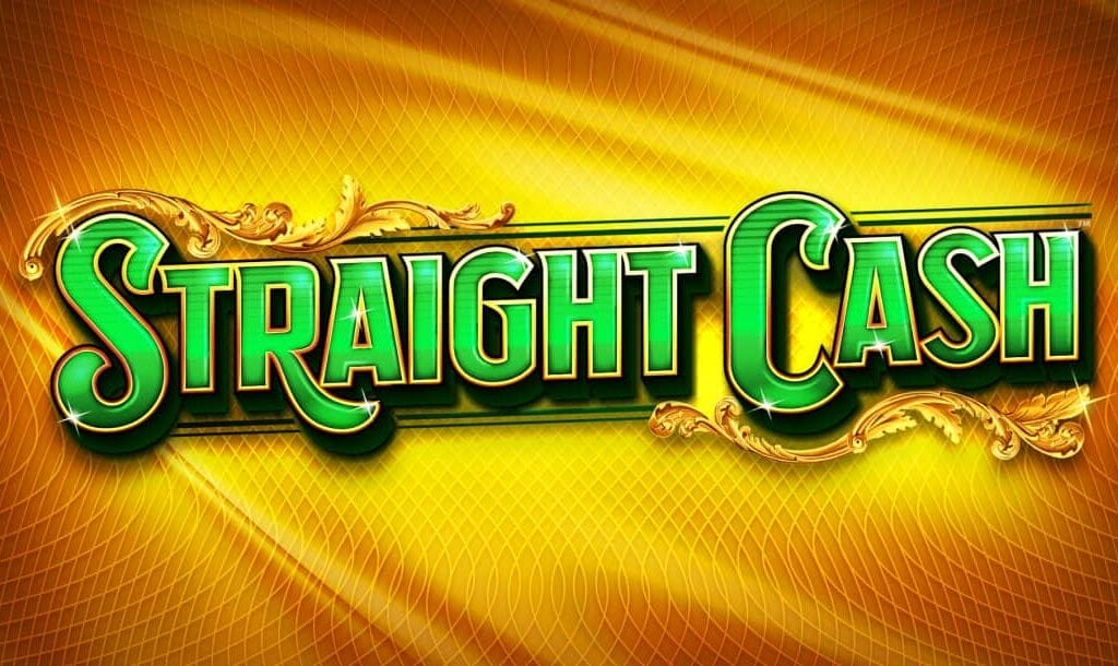Game title screen for "Straight Cash" featuring bold green lettering outlined in gold with ornate golden flourishes on a shiny, patterned yellow-gold background that evokes a rich, luxurious aesthetic.