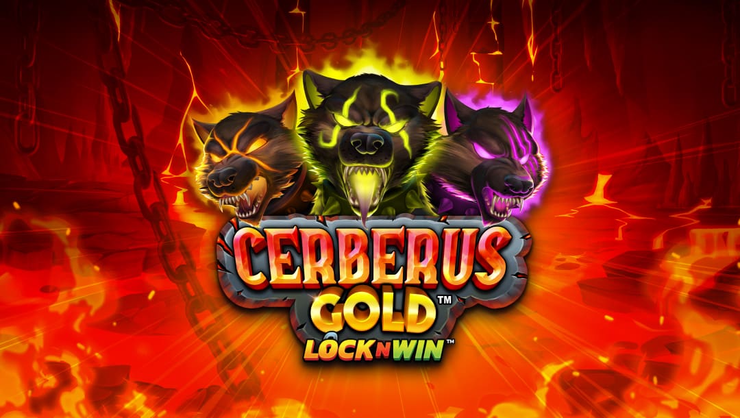 A fiery, infernal backdrop glows as three snarling dog heads (Cerberus) loom above the game’s title. Each head glows with distinct colors: orange, neon green, and electric purple. Beneath them, bold lettering reads “Cerberus Gold LockNWin,” blazing with red, gold, and steel textures that suggest a mythological underworld theme.