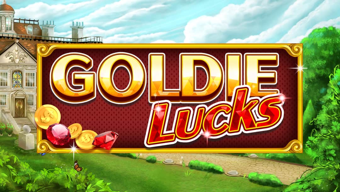 The title screen for the Goldie Lucks slot. Gold coins and rubies are piled up in the corner of the logo’s frame. The background features a mansion and a large garden, with a long driveway surrounded by grass and trees.