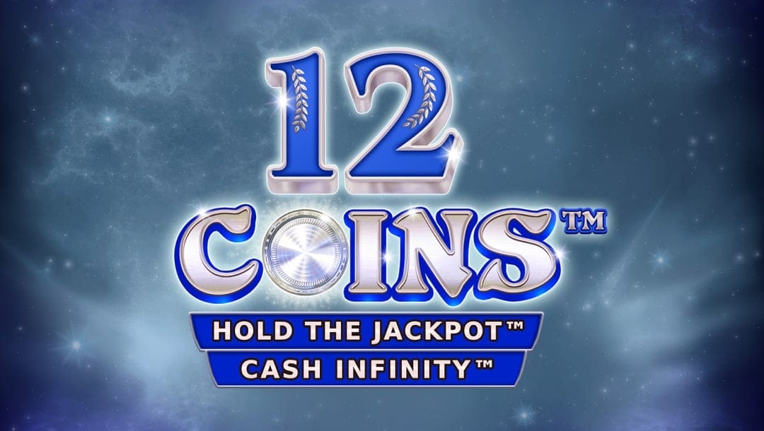 Title screen for 12 Coins Grand Platinum Edition slot, featuring a glowing cosmic backdrop with shimmering stars and a radiant silver-blue logo. The game’s signature features, Hold the Jackpot and Cash Infinity, are prominently displayed in bold, metallic text beneath the title.