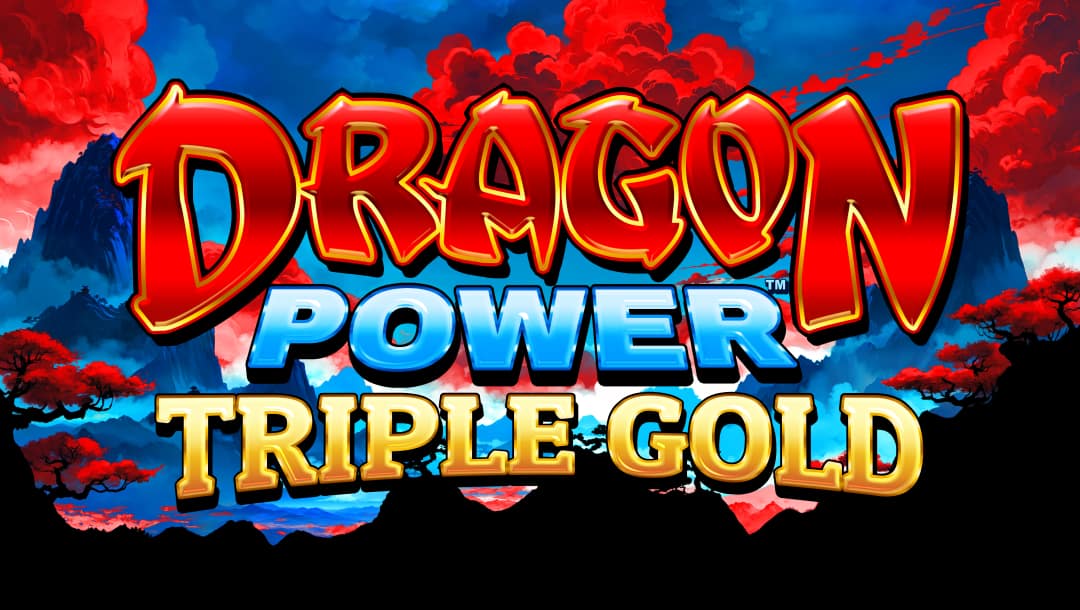 Banner image with the game title Dragon Power Triple Gold in metallic red, blue, and gold letters, against a background of mountains with ominous, glowing red clouds.