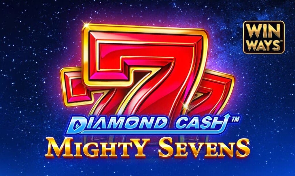 Banner image with the game title Diamond Cash Mighty Sevens in silver and gold letters against three Lucky 7 symbols with a starry sky in the background.