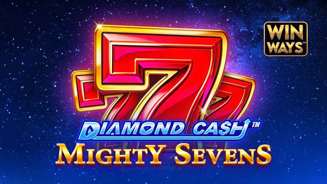 Banner image with the game title Diamond Cash Mighty Sevens in silver and gold letters against three Lucky 7 symbols with a starry sky in the background.
