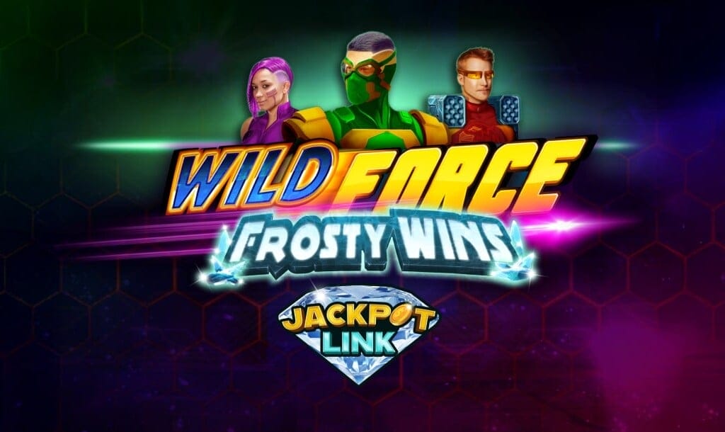 Banner image displaying the game title “Wild Force Frosty Wins” in blue, gold, and icy silver letters. A diamond with the words “Jackpot Link” is below the title. Behind it are three masked superheroes.