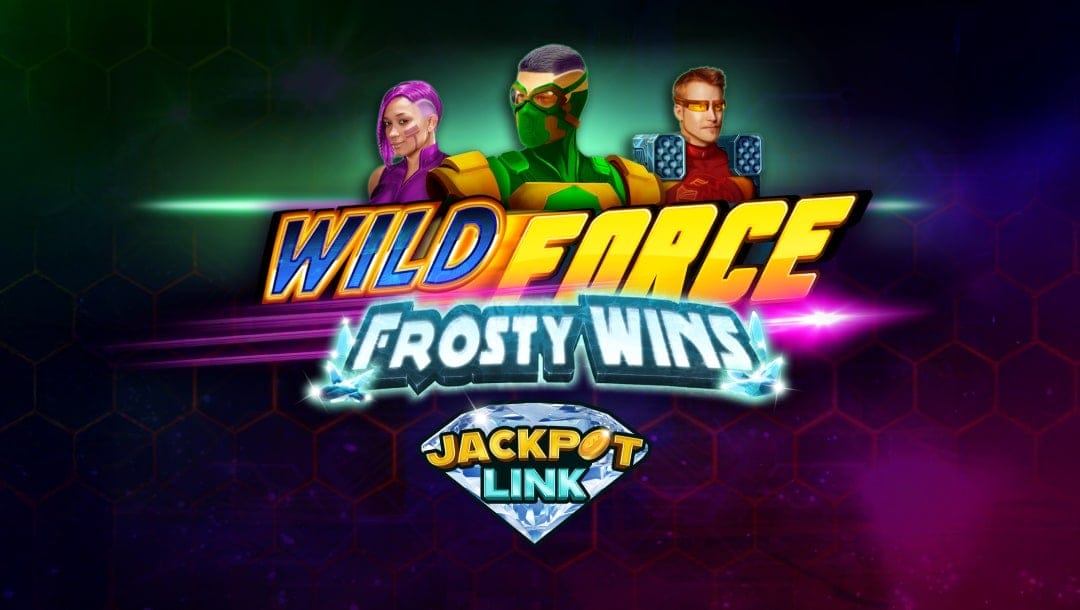 Banner image displaying the game title “Wild Force Frosty Wins” in blue, gold, and icy silver letters. A diamond with the words “Jackpot Link” is below the title. Behind it are three masked superheroes.