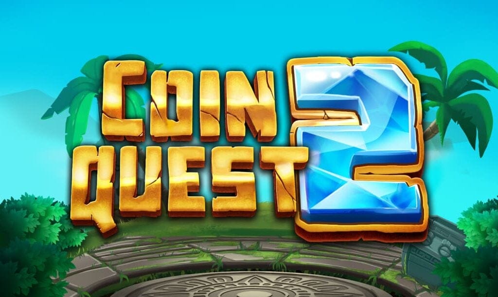 Big golden letters spell out the title Coin Quest 2 against the background of a ruined jungle temple.