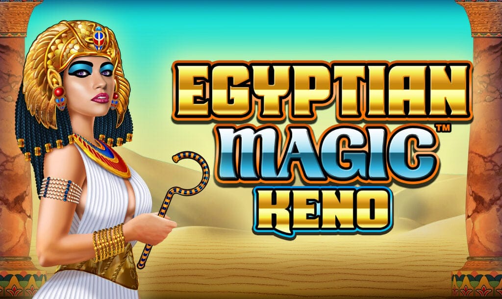 A regal Egyptian queen, adorned in golden jewelry with a cobra headdress and vibrant blue makeup, stands against a desert backdrop of pyramids and golden sands. The bold, metallic title Egyptian Magic Keno is centered beside her in gold and sky-blue lettering, framed by ornate stone pillars.
