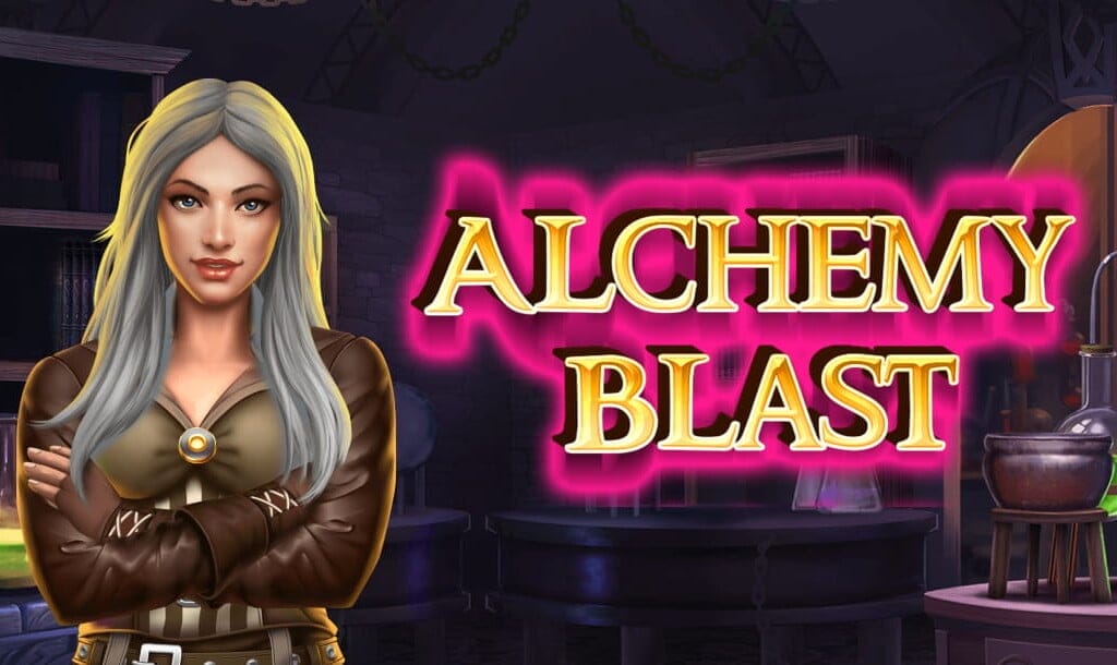 silver-haired female alchemist with folded arms stands in the foreground of a mystical laboratory filled with glowing potions and bubbling cauldrons. The title Alchemy Blast appears in bold golden text outlined in glowing pink, capturing the game’s magical, adventurous theme.