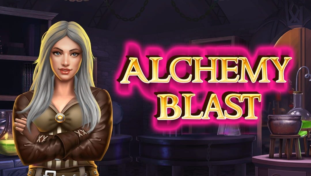 silver-haired female alchemist with folded arms stands in the foreground of a mystical laboratory filled with glowing potions and bubbling cauldrons. The title Alchemy Blast appears in bold golden text outlined in glowing pink, capturing the game’s magical, adventurous theme.