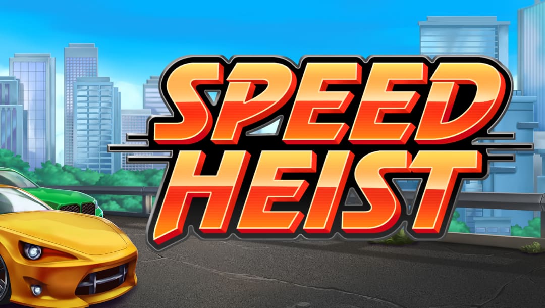 The title screen with the Speed Heist logo in bold capital letters. Yellow and green sports cars are parked on a road in the foreground, with lush trees and high-rise office buildings in the background.