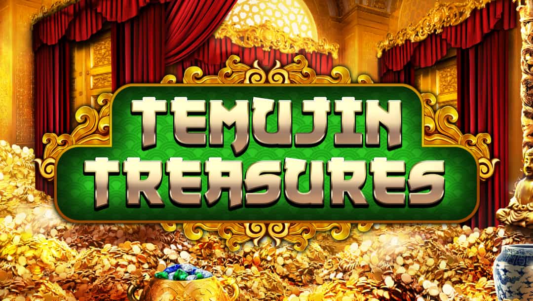 The game title Temujin Treasures appears in golden letters on a green jade logo in a gold frame. The background is a treasure vault in an Asian temple filled with gold and jewels.