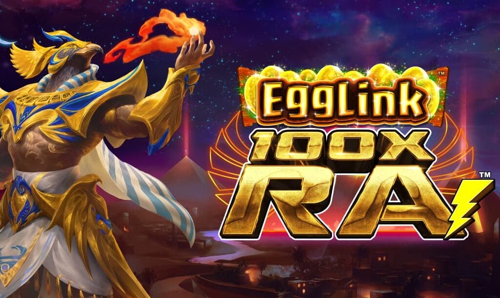 Game title screen featuring the sun god Ra overlooking an Egyptian cityscape under a starlit night sky. The game logo is featured up front, with the main bold lettering in gold and the Egglink prefix with sparkling golden eggs.