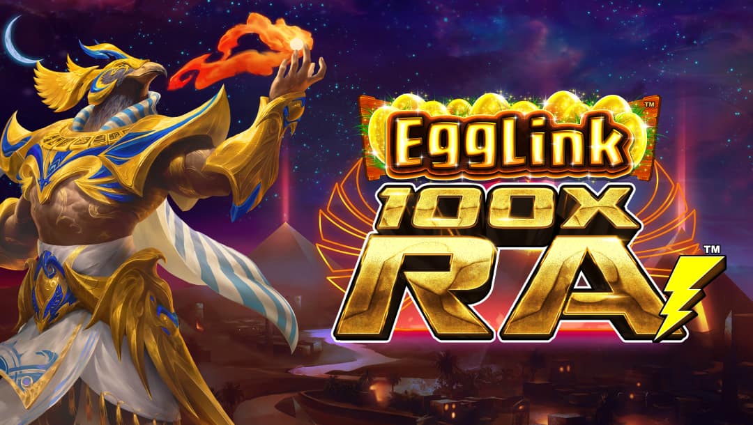 Game title screen featuring the sun god Ra overlooking an Egyptian cityscape under a starlit night sky. The game logo is featured up front, with the main bold lettering in gold and the Egglink prefix with sparkling golden eggs.