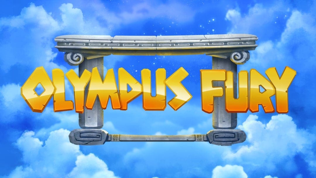 The game title “Olympic Fury” appears in orange-gold Greek-style letters against a frame of stone pillars floating in a cloudy sky.