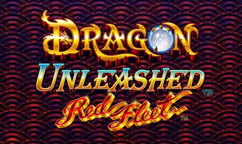 Title title screen for Dragon Unleashed: Red Fleet featuring ornate gold and red typography with glowing accents. The word “Dragon” includes a white pearl clasped by claws forming the “O,” while “Unleashed” glows in golden-teal. Below it, “Red Fleet” is styled in festive red and neon green over an image of red envelopes, set against a rich crimson background with hidden dragon motifs.