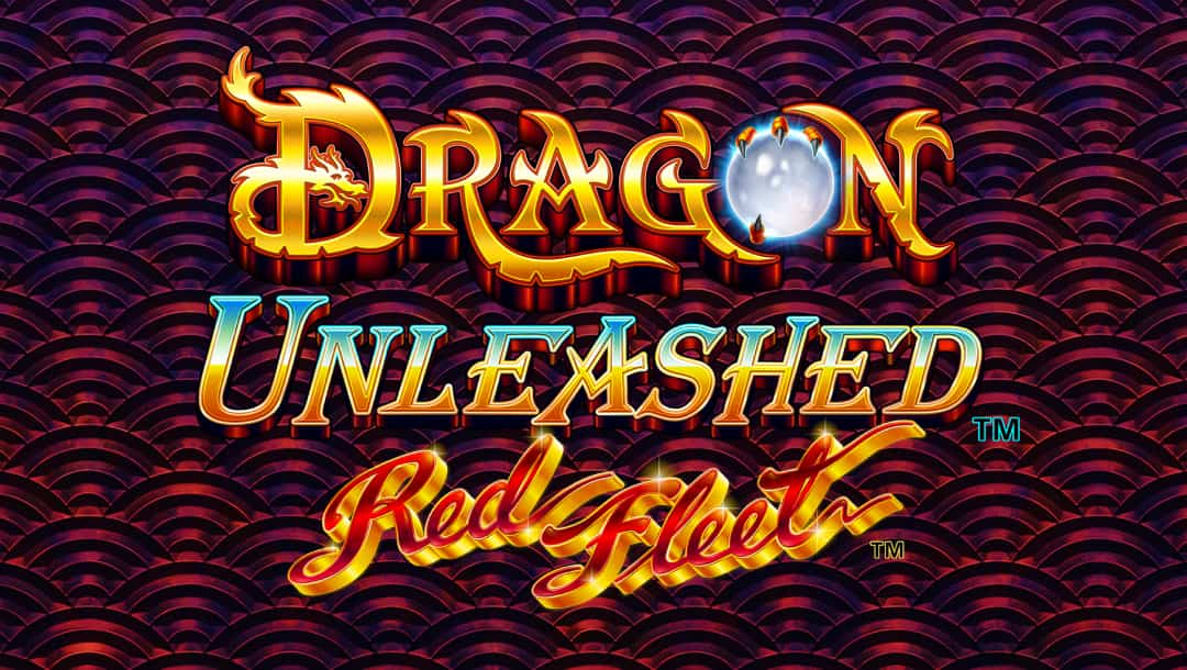 Title title screen for Dragon Unleashed: Red Fleet featuring ornate gold and red typography with glowing accents. The word “Dragon” includes a white pearl clasped by claws forming the “O,” while “Unleashed” glows in golden-teal. Below it, “Red Fleet” is styled in festive red and neon green over an image of red envelopes, set against a rich crimson background with hidden dragon motifs.