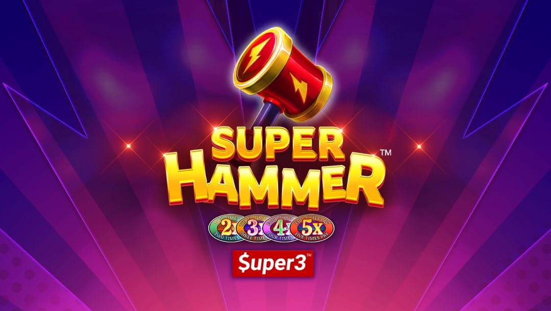 The game title Super Hammer: 2x 3x 4x 5x Super3 appears in golden letters and casino chip numbers below a gold-and-red hammer. The background is purple and dark blue.