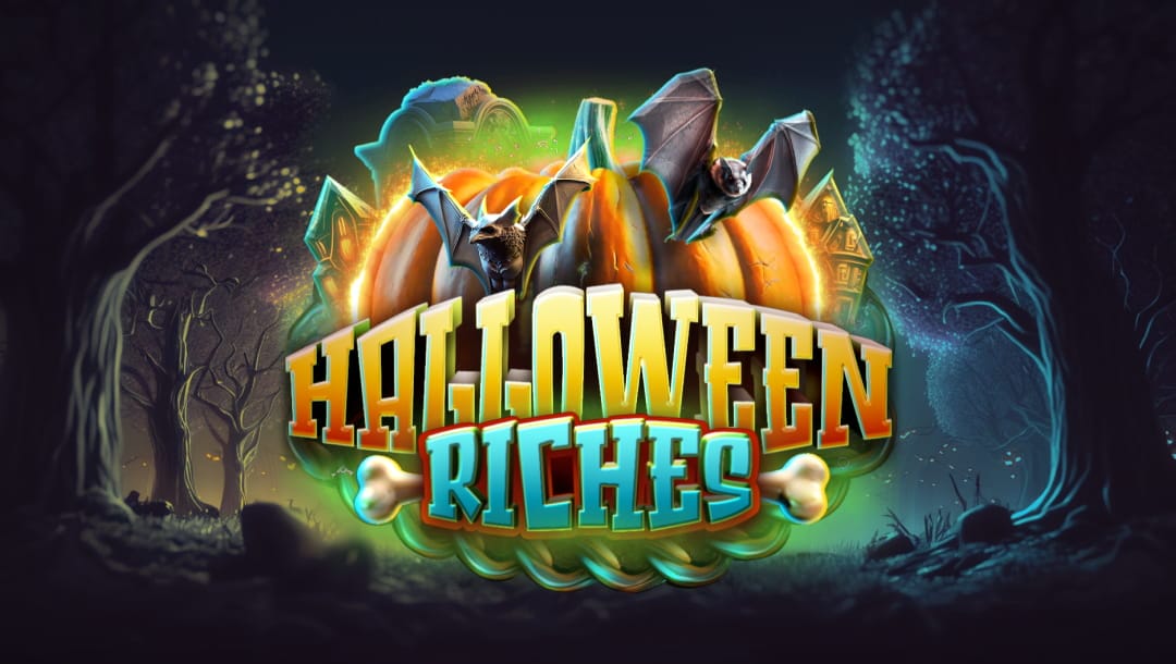 The Halloween Riches logo features bats, pumpkins, and other Halloween-themed symbols. A neon green hue surrounds the title and symbols. The background is a haunted forest with gnarly trees, with the darkness pierced by glowing shades of blue and yellow.