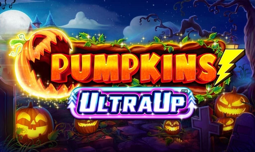 The main game title screen features a spooky graveyard scene filled with jack-o-lanterns in the background and the game logo up front. The logo includes the game title in a themed orange font, framed by creeping vines, with an animated pumpkin head about to consume the text like Pac-Man. The chromed-out Ultra Up feature logo is attached just below the main logo.