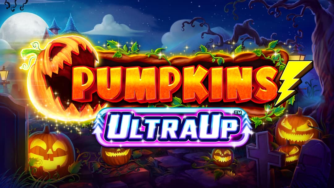 The main game title screen features a spooky graveyard scene filled with jack-o-lanterns in the background and the game logo up front. The logo includes the game title in a themed orange font, framed by creeping vines, with an animated pumpkin head about to consume the text like Pac-Man. The chromed-out Ultra Up feature logo is attached just below the main logo.