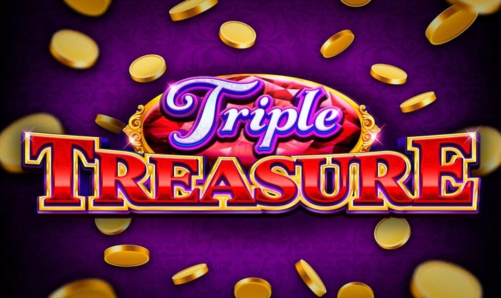 The game title Triple Treasure in silver-purple and red letters against a purple gaming-table surface with scattered gold coins.