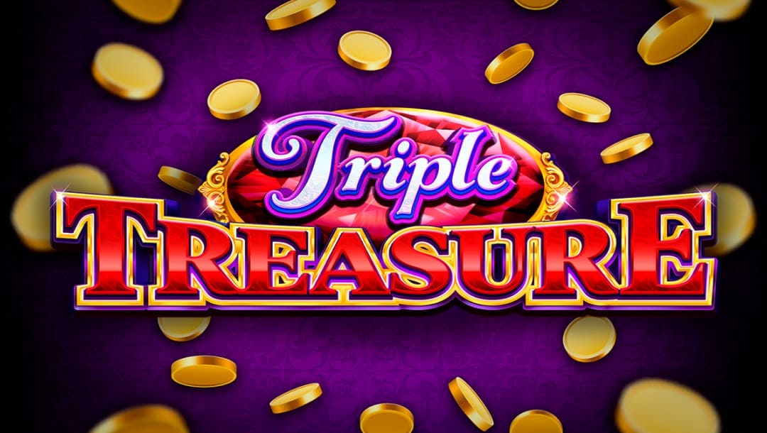 The game title Triple Treasure in silver-purple and red letters against a purple gaming-table surface with scattered gold coins.