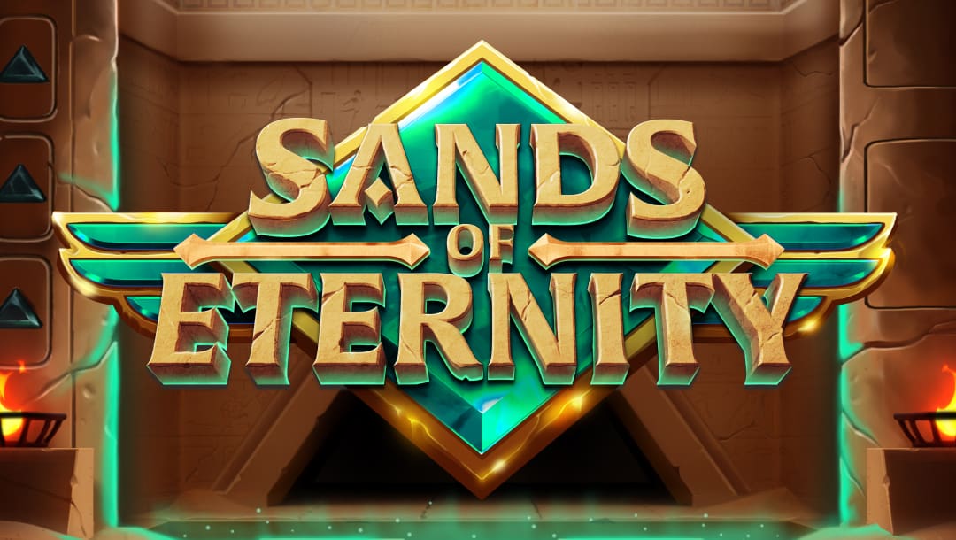 The game title, Sands of Eternity, appears in Egyptian-styled gold letters against a big gold and green jewel with an Ancient Egyptian tomb in the background.