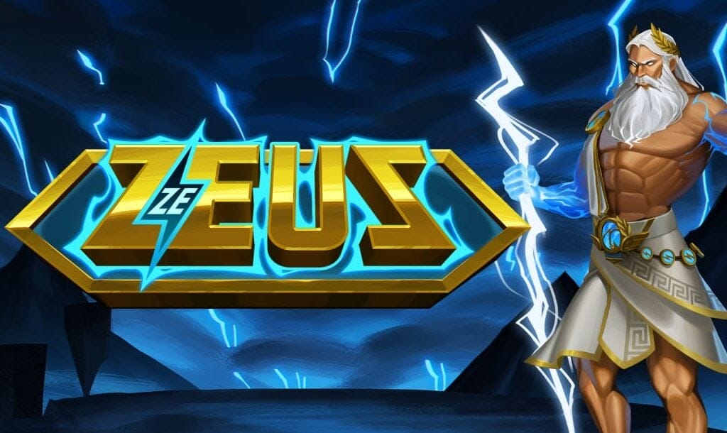 The online slot game title Ze Zeus appears in gold letters crackling with lightning against the night sky with clouds and lightning bolts. The mighty Zeus grips a thunderbolt on the right of the image.