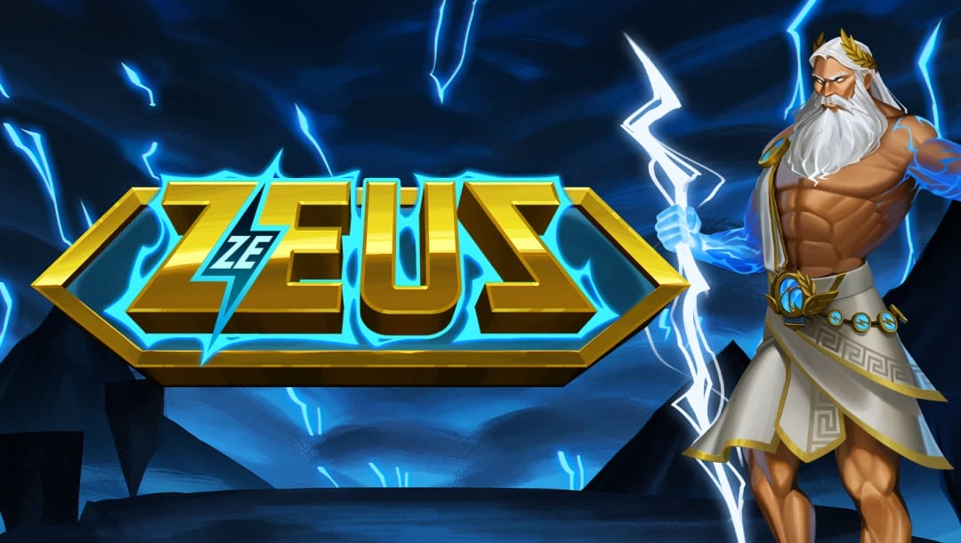 The online slot game title Ze Zeus appears in gold letters crackling with lightning against the night sky with clouds and lightning bolts. The mighty Zeus grips a thunderbolt on the right of the image.