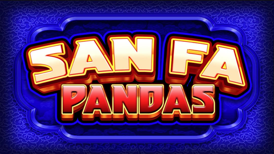 The San Fa Pandas game title on a blue background featuring a cloud pattern and a curved frame. The letters are white, red, and yellow, with a bright blue outline separating the title from the background.