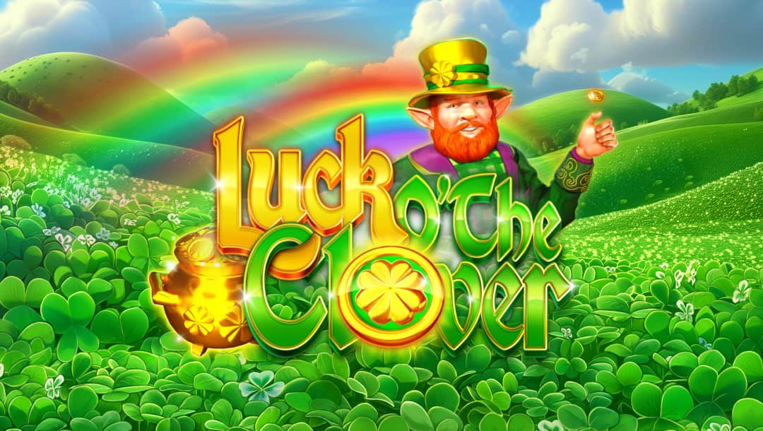 The game title screen featuring rolling green hills, blue skies, and a streaking rainbow set above a thick clover field. The game logo is placed up front, flanked by a pot of gold and a leprechaun mascot.