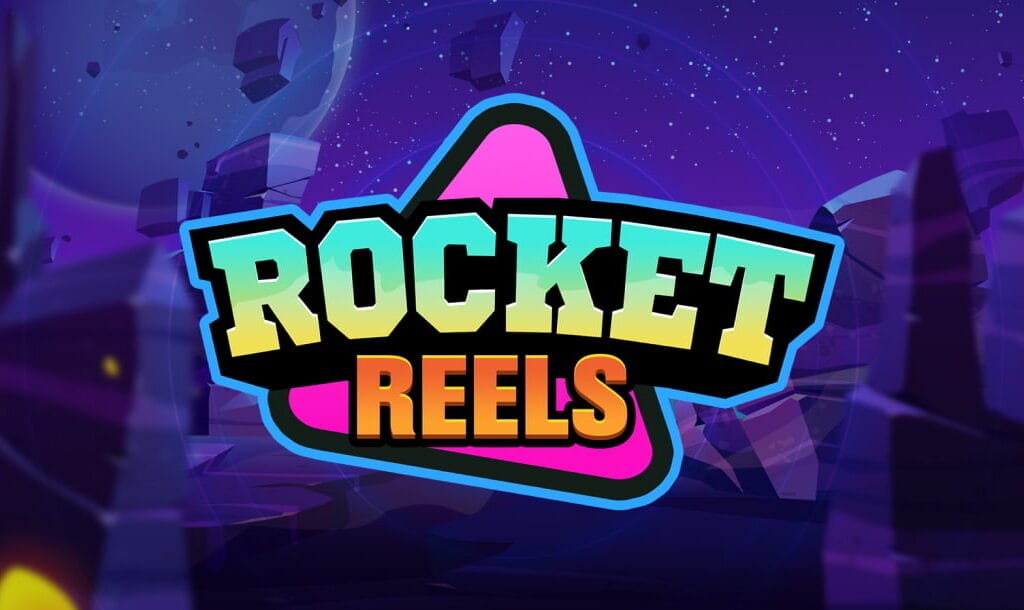 The Rocket Reels logo featuring a pink triangle behind the blue, yellow, and orange letters of the title. The logo has a thick blue outline separating it from the purple hues of the background. A rocky planet in outer space serves as the backdrop, with a large moon in the distance surrounded by stars in the sky.