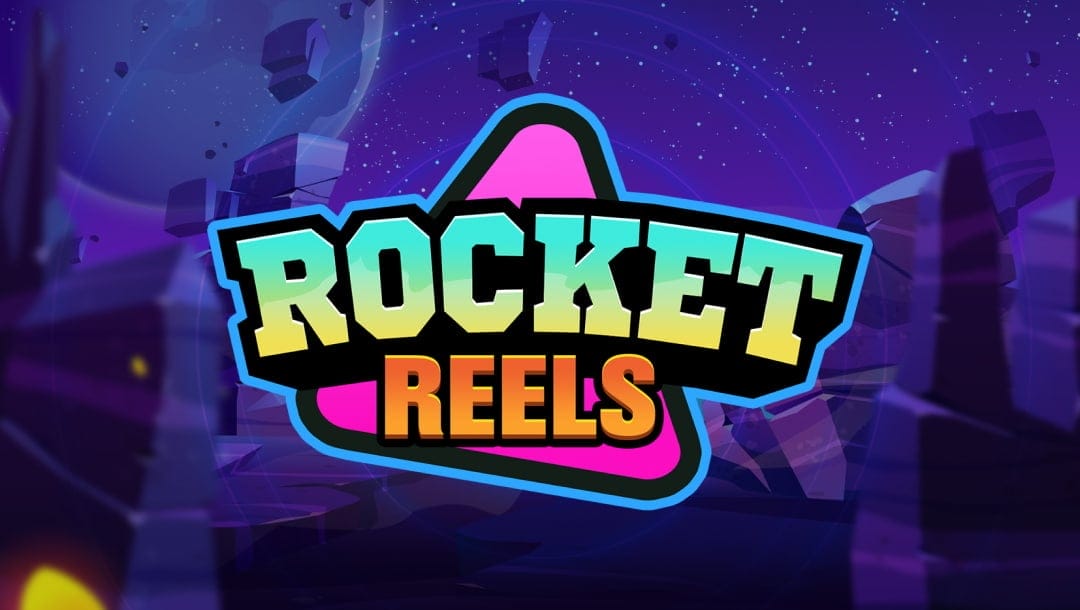 The Rocket Reels logo featuring a pink triangle behind the blue, yellow, and orange letters of the title. The logo has a thick blue outline separating it from the purple hues of the background. A rocky planet in outer space serves as the backdrop, with a large moon in the distance surrounded by stars in the sky.