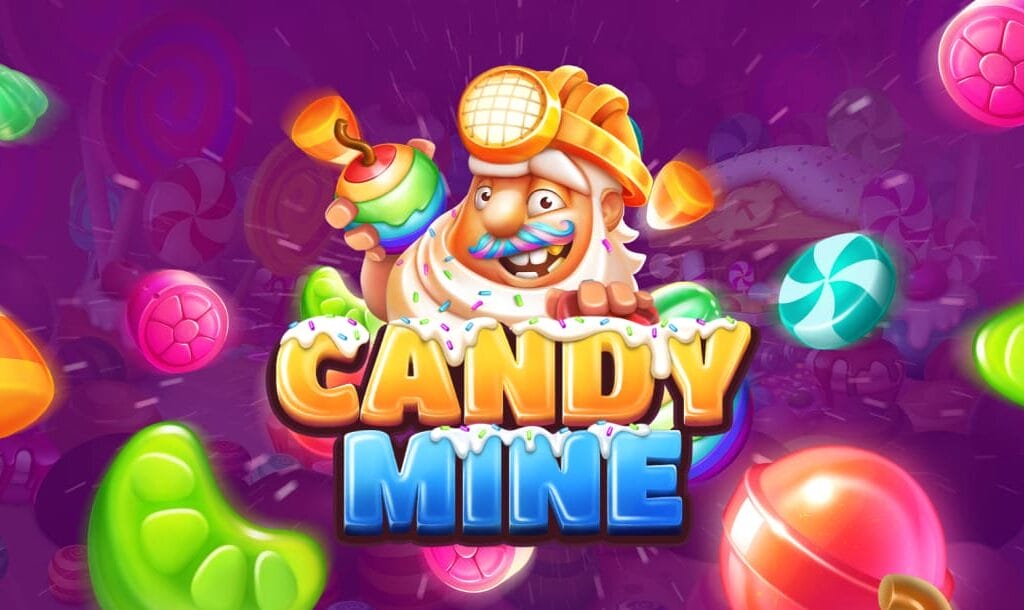 A bright, whimsical title screen for the slot game Candy Mine featuring a smiling, candy-covered miner with a rainbow drill and golden helmet. The background is a swirl of glowing purple with floating candies like green beans, peppermint swirls, and hard sweets. The game title is frosted in icing and sprinkles, with “Candy” in orange and “Mine” in icy blue.