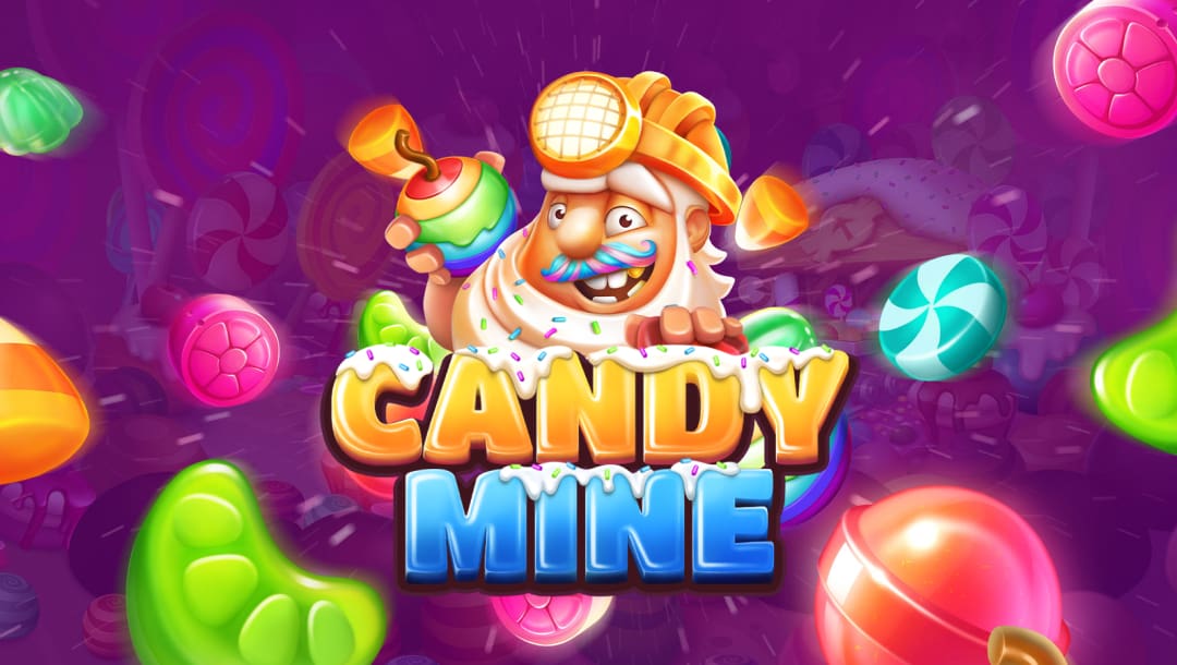 A bright, whimsical title screen for the slot game Candy Mine featuring a smiling, candy-covered miner with a rainbow drill and golden helmet. The background is a swirl of glowing purple with floating candies like green beans, peppermint swirls, and hard sweets. The game title is frosted in icing and sprinkles, with “Candy” in orange and “Mine” in icy blue.