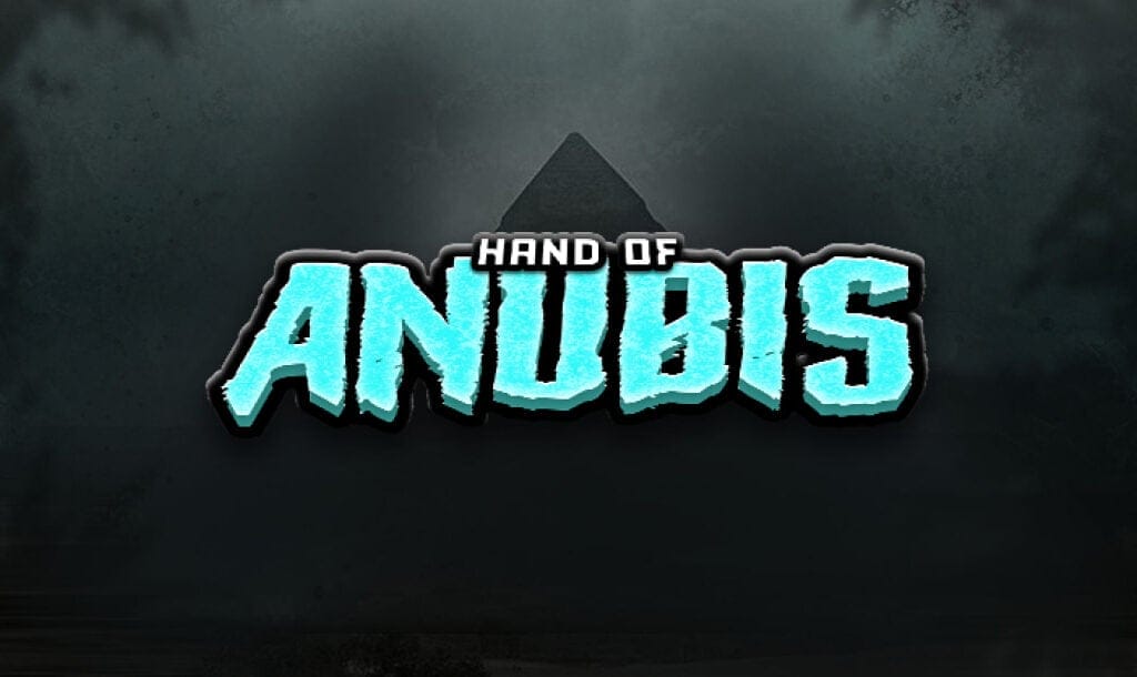 The game title Hand of Anubis appears in eerie blue letters against a dark background with a pyramid under pale moonlight.
