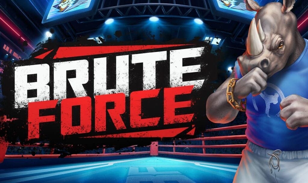 The game title Brute Force appears in brutalist red and white capital letters above a wrestling arena in a dark stadium. A thuggish-looking rhino in gym togs stands on two legs on the side.