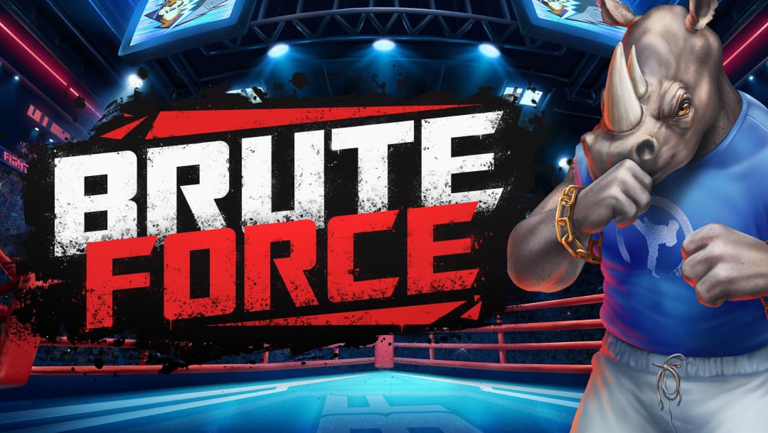 The game title Brute Force appears in brutalist red and white capital letters above a wrestling arena in a dark stadium. A thuggish-looking rhino in gym togs stands on two legs on the side.