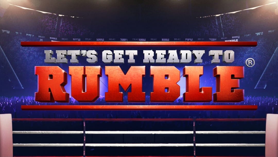 The game title “Let’s Get Ready to Rumble” appears in silver and red capital letters above a boxing ring and against the background of a cheering crowd in a stadium under lights.