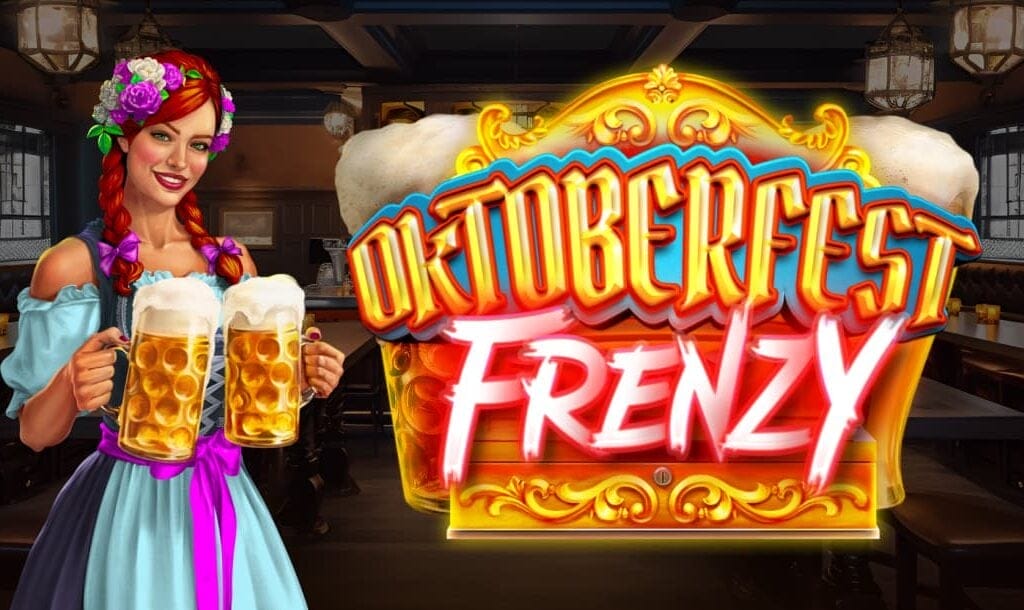 A banner image for the slot game Oktoberfest Frenzy. It features a richly decorated tavern interior in the background, with warm lighting, rustic wooden tables, and hanging lanterns creating a cozy beer hall ambiance. In the foreground, a cheerful red-haired woman dressed in traditional Bavarian attire holds up two frothy beer steins with a welcoming smile. Beside her, the game’s title “Oktoberfest Frenzy” is prominently displayed in bold, ornate lettering, glowing with golden and red hues and backed by a foamy beer mug and decorative scrollwork.