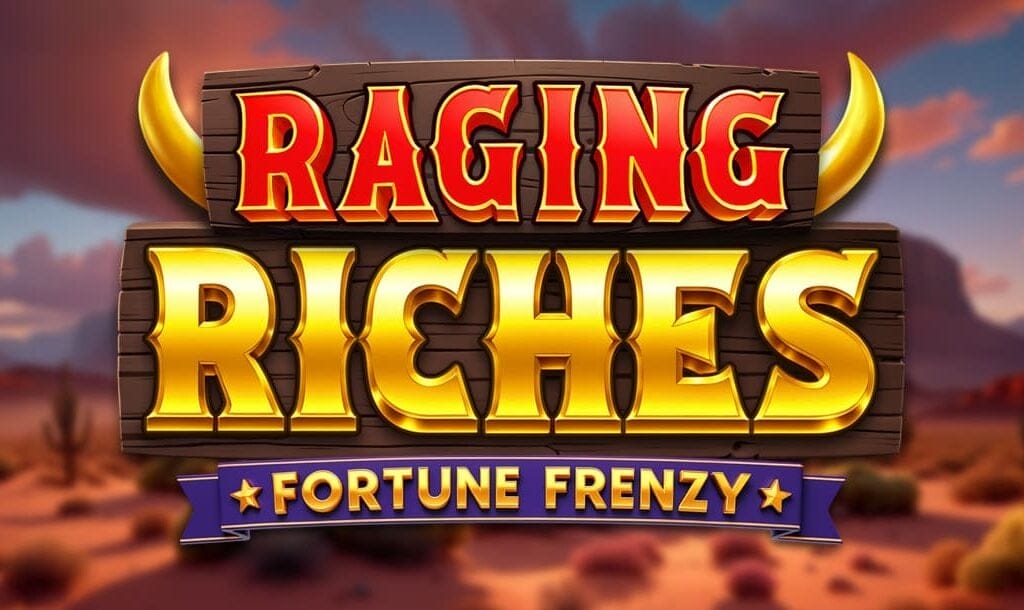 A banner for the slot game Raging Riches: Fortune Frenzy features bold, stylized text layered over a warm desert landscape at sunset. The title “RAGING RICHES” is rendered in large, blocky letters with a wooden signboard texture, featuring red and gold gradients accented by horn decorations on each side. Below, the subtitle “FORTUNE FRENZY” pops in a gold font on a purple ribbon banner with star icons. The background is a blurred canyon and cactus-filled desert.