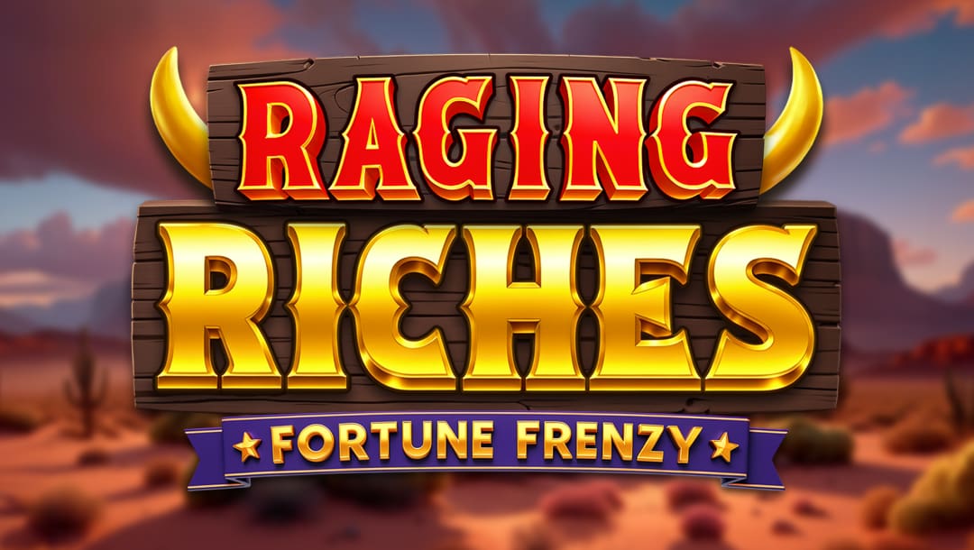 A banner for the slot game Raging Riches: Fortune Frenzy features bold, stylized text layered over a warm desert landscape at sunset. The title “RAGING RICHES” is rendered in large, blocky letters with a wooden signboard texture, featuring red and gold gradients accented by horn decorations on each side. Below, the subtitle “FORTUNE FRENZY” pops in a gold font on a purple ribbon banner with star icons. The background is a blurred canyon and cactus-filled desert.
